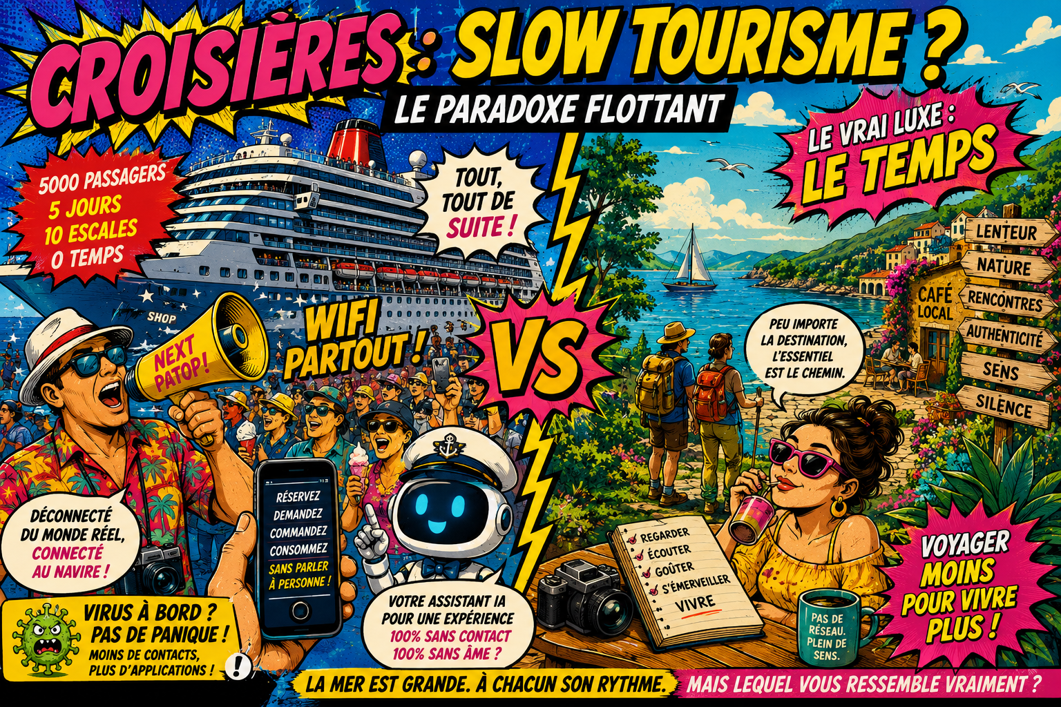 Illustration pop et ironique sur les croisières et le slow tourisme : le paradoxe flottant